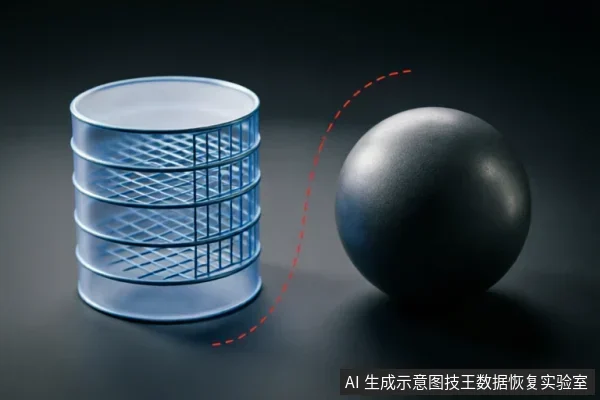 画面左侧为一个半透明蓝色圆柱体,内部呈现多层网格结构,象征存储介质或数据库;右侧为一个黑色球体。一条红色虚线轨迹从圆柱体底部延伸至球体上方,示意数据流向或提取过程。