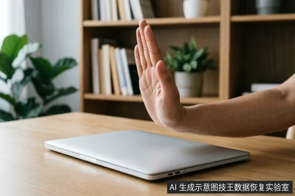 一只手掌在闭合的银色笔记本电脑前做出明确的停止手势,示意拒绝或中断操作。背景为模糊的书架与绿植,营造出办公环境氛围,直观表达“禁止”或“暂停”的含义。