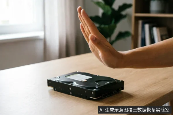 一只手掌在裸露的机械硬盘上方做出明确的“停止”手势,示意禁止操作。硬盘静置于木质桌面上,背景模糊可见绿植与书架,整体画面传达出在硬盘故障时应保持静止、切勿通电或尝试修复的止损理念。