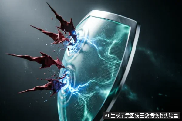 一个发光的蓝色能量盾牌正在抵挡数枚深红色尖锐物体的冲击，盾牌表面布满闪电状裂纹与网格纹理，表现出强烈的防御与对抗感。