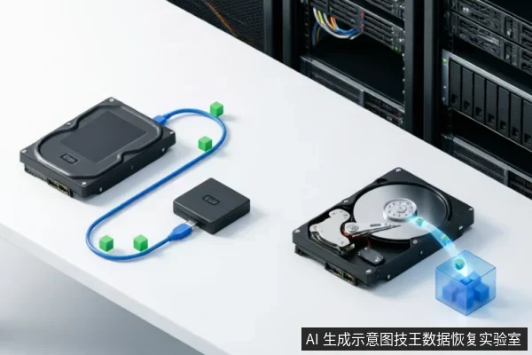 白色桌面上放置着两块硬盘,左侧为连接蓝色数据线的密封硬盘与适配器,右侧为打开外壳露出内部盘片与磁头的机械硬盘。背景可见服务器机柜,右下角有蓝色光效立方体象征数据读取或分析过程。
