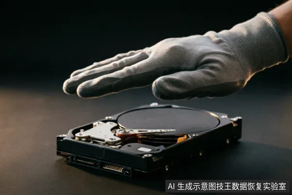 一只戴着灰色防静电手套的手悬停在一块已拆开外壳的机械硬盘上方,清晰展示了内部的磁盘盘片、读写磁头臂及底部的SATA数据与电源接口,背景深暗以突出硬件细节。