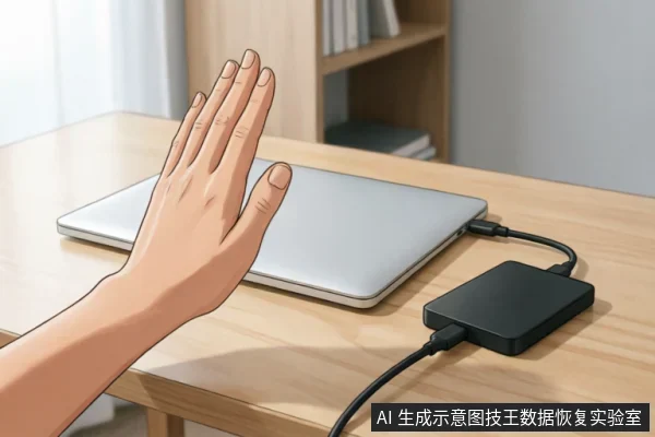 画面展示了一只手在连接着外接硬盘盒的笔记本电脑旁做出停止或拒绝的手势,示意在检测到异常时应立即切断电源并停止操作。
