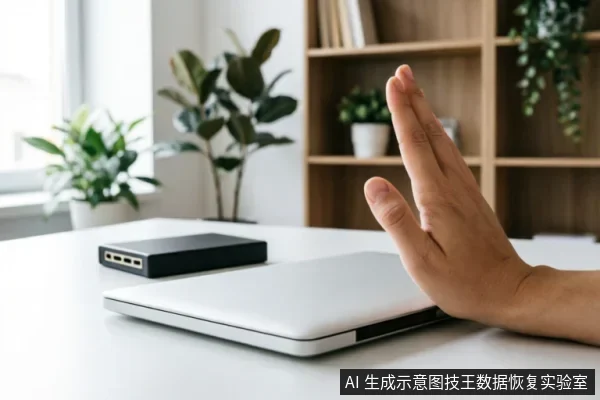 画面展示了一只手在白色办公桌上做出停止的手势,手掌正对前方。桌面上放置着一台闭合的银色笔记本电脑和一个黑色的外接存储设备(如移动硬盘或扩展坞)。背景为模糊的书架和绿植,营造出办公环境氛围。