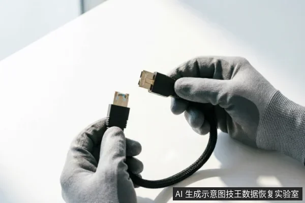戴着灰色防静电手套的双手正拿着一根黑色编织数据线,展示两端的接口(一端为USB,另一端为SATA数据口),准备进行连接或检查。