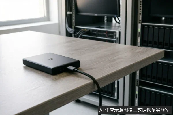 一张黑色移动硬盘放置在浅色木纹桌面上,侧面连接着数据线。背景模糊显示为服务器机柜和显示器,营造出专业数据存储或技术维护的环境氛围。