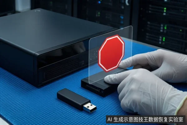 蓝色防静电垫上,左侧是一台黑色台式主机。右侧一双戴白色手套的手正在操作一个黑色USB扩展坞,上方悬浮着一个红色八边形禁止图标。桌面上还平放着一个黑色U盘。背景为模糊的服务器机柜。