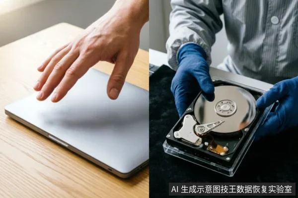 图片分为左右两部分。左侧展示一只手悬停在闭合的银色笔记本电脑上方，示意停止操作或保护设备；右侧展示佩戴蓝色防静电手套的专业人员，在黑色绒布上双手持握一块已拆解外壳的机械硬盘，体现专业环境下的介质检测与防护。