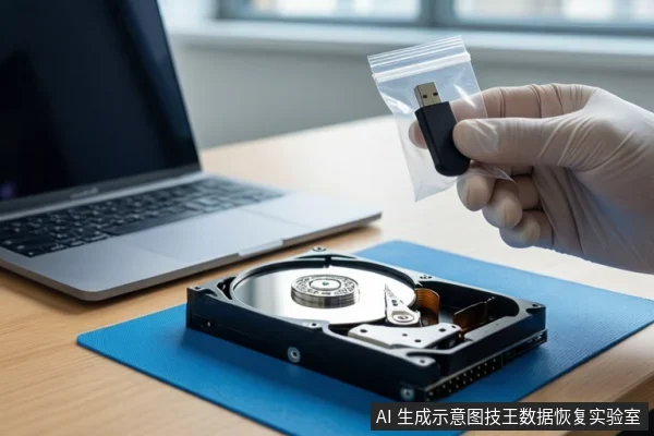 木质桌面上,蓝色防静电垫上平放一块打开外壳的机械硬盘,左侧是一台笔记本电脑。右侧一只戴白色手套的手正握持一个装有黑色U盘的透明自封袋,悬停在硬盘上方。背景为模糊的窗户。