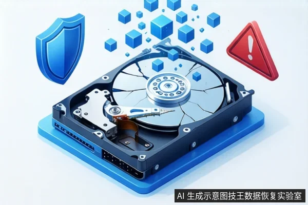 白色背景等距示意图,蓝色底座上平放一块打开外壳的机械硬盘,盘片可见裂纹,上方悬浮蓝色立方体,左侧有蓝色盾牌,右侧有红色警告三角。
