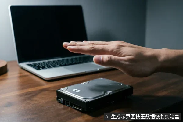 一只手掌在裸露的机械硬盘上方做出停止手势,背景是一台屏幕关闭的笔记本电脑,示意在硬盘识别异常时立即停止通电操作。
