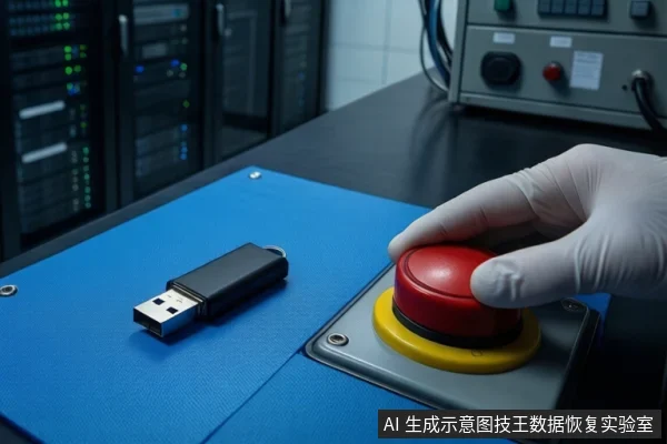蓝色防静电垫上平放一个黑色U盘,右侧一只戴白色手套的手正按压一个红色紧急停止按钮。背景可见模糊的服务器机柜和实验设备。