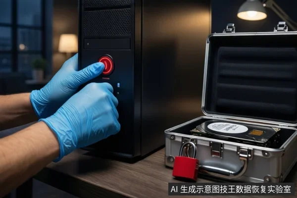 木质桌面上，戴蓝色手套的双手正按压黑色塔式主机正面的红色电源按钮，右侧为打开的银色金属防震箱，箱内平放一块机械硬盘，背景为模糊的室内台灯。