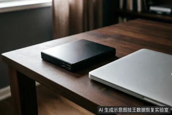 深色木纹桌面上放置着一台闭合的银色笔记本电脑,旁边平放着一个黑色的移动硬盘。画面聚焦于设备外观,展示了数据存储介质与计算设备的静置状态,未显示连接线缆或屏幕操作细节。