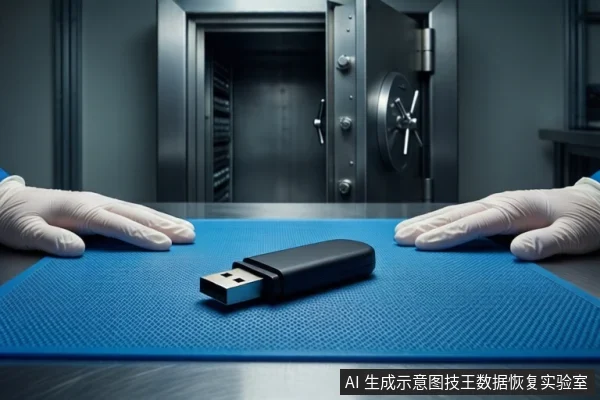蓝色防静电垫上平放一个黑色U盘,左右两侧各有一只戴白色手套的手平放在垫子上,背景是一扇打开的金属保险柜门。