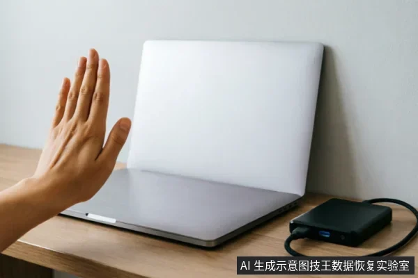 一只手掌在银色笔记本电脑前做出停止手势，示意禁止操作。电脑旁连接着一个黑色转接设备，直观表达在遇到硬盘识别故障时应立即停止通电或尝试修复，保持断电并评估风险的安全处置原则。