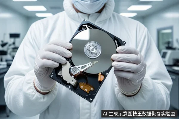 洁净室环境中，一名身穿白色防护服、戴口罩和手套的人员双手持握一块打开外壳的机械硬盘，展示其内部盘片与磁头组件。