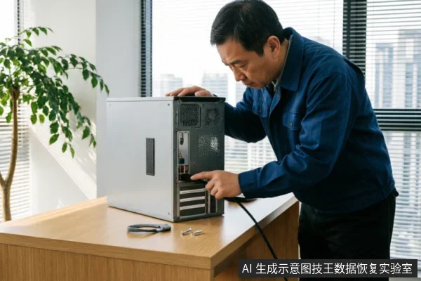 一名身穿蓝色工装的维修技术人员在办公室内检查一台侧板已拆卸的银色台式电脑主机。他正用手指指向机箱内部的后部接口区域,桌面上散落着螺丝和线缆,展示了硬件层面的设备检测与排查场景。