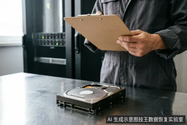 一名身穿深色工作服的技术人员手持写字板,正对放置在金属台面上的裸露机械硬盘进行记录与检查。背景可见带有指示灯的服务器机柜,画面展示了专业机构对故障硬盘进行物理状态评估的场景。