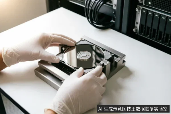 佩戴白色防尘手套的双手正在洁净台面上操作一块已拆解的机械硬盘,将其固定在金属支架上。背景可见服务器机柜与线缆,展示了数据恢复过程中对原始介质的专业物理检测环境。