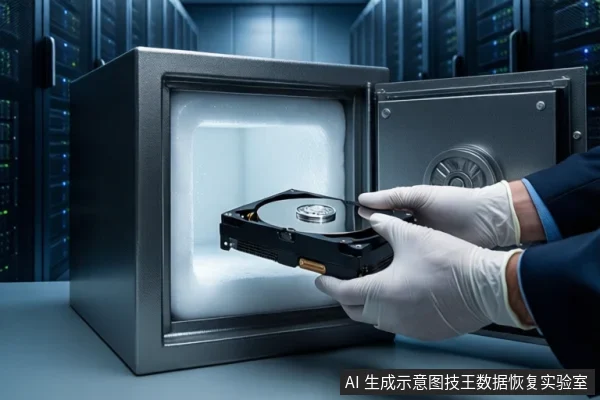 灰色保险柜门打开,内部白色泡沫垫上平放一块黑色机械硬盘。右侧一双戴白色手套的手正握持一把银色挂锁,悬停在柜门边缘。背景为模糊的服务器机柜。