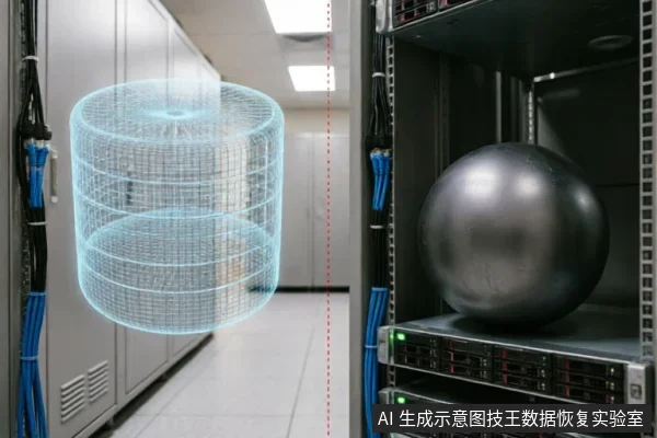 数据中心服务器机房过道场景,左侧悬浮着一个发光的蓝色线框圆柱体,象征数据或逻辑结构;右侧机柜内放置着一个巨大的黑色金属球体。画面通过红色虚线分割,展示了抽象数据概念与实体硬件环境的对比。