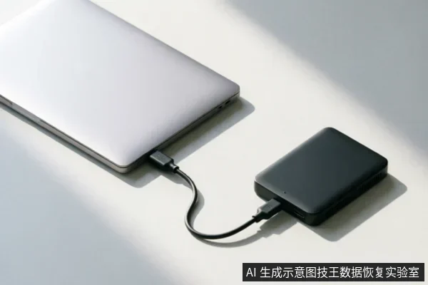 画面展示了一台银色笔记本电脑通过黑色数据线连接着一个黑色的移动硬盘，设备放置在白色桌面上，光线明亮。该图直观呈现了电脑与外部存储设备的物理连接状态，对应文中关于排查线缆、接口及供电等外部连接因素的步骤。