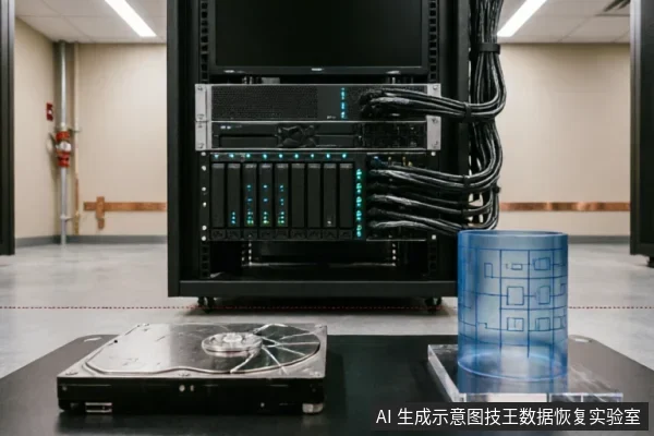 黑色桌面上放置着一个裸露的机械硬盘和一个印有电路原理图的蓝色透明圆柱体模型。背景为模糊的数据中心服务器机柜,可见密集的网线和亮着蓝光的设备指示灯,营造出数据存储与硬件技术的氛围。