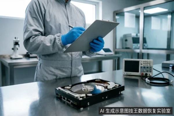 身穿灰色防尘服和蓝色手套的技术人员手持写字板记录数据，不锈钢工作台上放置着一块已拆解的机械硬盘，背景可见显微镜等精密仪器，展示了专业数据恢复实验室的洁净室环境。