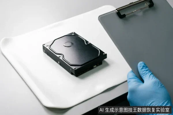 一只戴着蓝色防护手套的手拿着灰色写字板,旁边白色托盘上放置着一块裸露的机械硬盘。画面展示了在专业洁净环境下对故障硬盘进行物理检查与记录的场景,体现了停止通电后寻求专业检测与保护原始介质的操作规范。