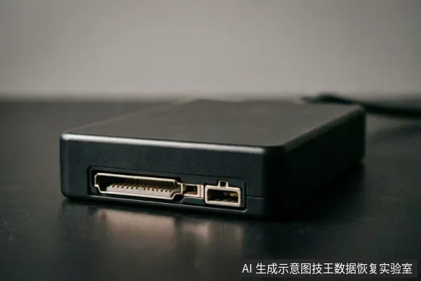 黑色外接硬盘盒侧面特写,清晰展示了并排的数据接口与供电接口,金属触点细节可见。背景虚化,无文字干扰,直观呈现物理连接端口状态。