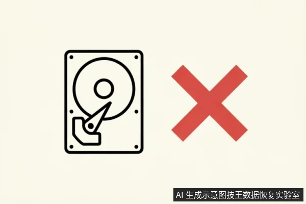 一个简化的机械硬盘线条图标,右侧伴有一个醒目的红色叉号。该画面直观地表达了禁止操作、停止通电或设备故障的含义,形象地配合了文中关于出现异响或掉盘时应立即停止扫描、保护原始介质的核心建议。