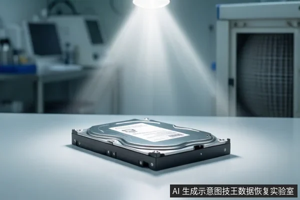 白色台面上平放一块闭合外壳的机械硬盘，上方有一道聚光灯束照射。背景为模糊的实验室设备，画面中无人员操作。