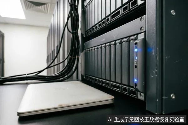 一台闭合的银色笔记本电脑放置在黑色桌面上,紧邻装有硬盘托架和蓝色指示灯的服务器机柜,背景可见成束的黑色连接线缆。