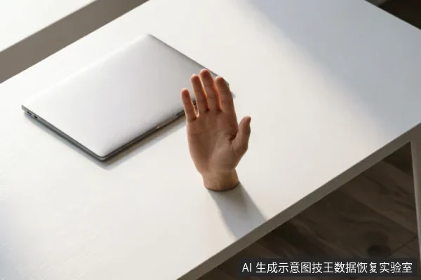 画面展示了一只手掌从白色桌面中伸出,掌心向前做出停止或拒绝的手势。旁边放置着一台闭合的银色笔记本电脑,整体场景简洁,象征着对某种操作的制止与警示。