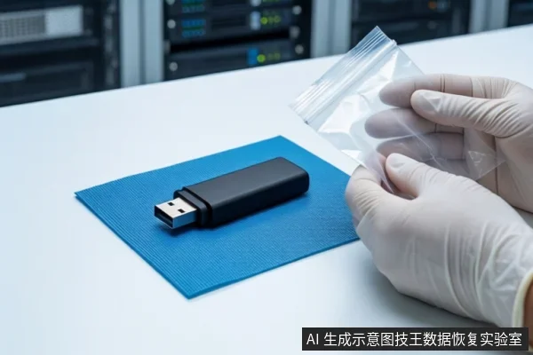 白色台面上铺着蓝色防静电垫,中间平放一个黑色U盘。右侧一双戴白手套的手正握持一个透明自封袋。背景为模糊的服务器机柜。