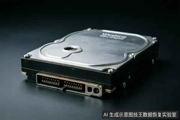 一张特写照片,展示了一块放置在深色背景上的3.5英寸机械硬盘。画面聚焦于硬盘背面的SATA数据接口与电源接口,金属顶盖上有模糊的品牌标识,整体呈现静止状态,无连接线缆。