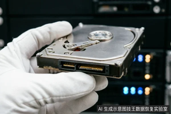 一只戴着白色防静电手套的手托举着一块裸露的机械硬盘,清晰展示了底部的SATA数据与电源接口及金属盘体结构。背景为模糊的黑色服务器机柜与闪烁的蓝色指示灯,营造出专业硬件检测或数据恢复实验室的氛围。