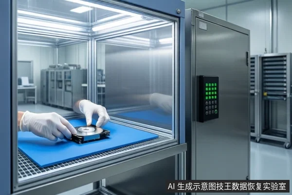 洁净室环境中,一双戴白色手套的手正在蓝色防静电垫上操作一块裸露的机械硬盘,背景可见洁净室设备与控制面板。