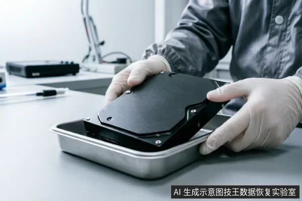 一名佩戴白色防护手套的专业人员，在洁净的工作台上双手托举一块黑色机械硬盘，将其放入银色金属托盘中。背景模糊可见实验室设备，体现了专业数据恢复过程中对硬件介质的规范 handling 与物理环境要求。