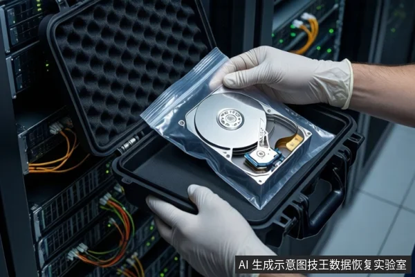 服务器机房背景中，一双戴白色手套的手正握持一个装有裸露机械硬盘的透明防静电袋，下方是一个打开的黑色防震箱。