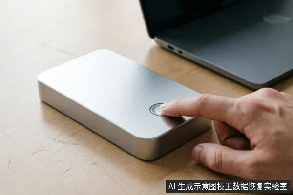 一只手指正在按压银色金属外壳移动硬盘上的圆形按钮，设备放置在木质桌面上，背景有一台闭合的笔记本电脑。画面展示了用户与外部存储设备的物理交互操作。