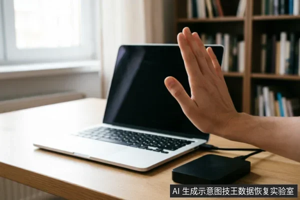 一只手掌在笔记本电脑前做出停止手势,电脑旁连接着一个黑色移动硬盘,示意在设备故障时立即停止操作。