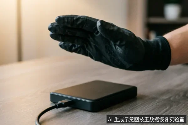 一只戴着黑色防护手套的手在连接着数据线的移动硬盘上方做出停止手势,示意紧急制动或禁止操作,强调在数据恢复前保护原始介质、避免写入的重要性。