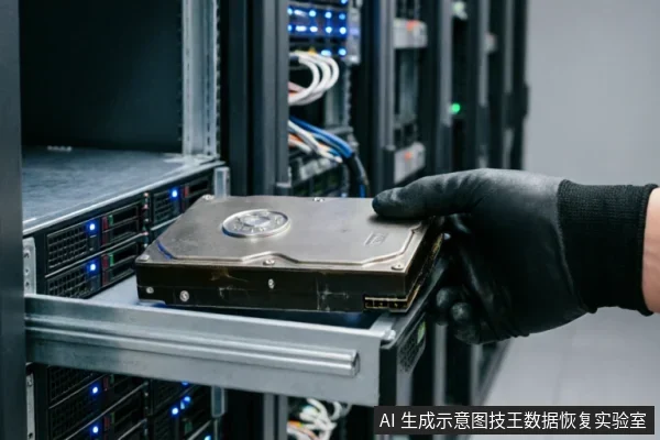 一只戴着黑色防静电手套的手正从服务器机架的托盘中取出一块机械硬盘，背景可见亮着蓝光的服务器设备及线缆，展示了专业数据恢复环境下的硬件操作场景。