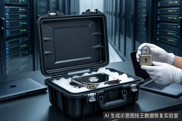 数据中心机房内,深色台面上放着一个打开的黑色防震箱,箱内白色泡沫中嵌着一块打开外壳的机械硬盘。右侧一双戴白手套的手正握持一个挂着金色挂锁的黑色加固防震箱。背景是模糊的服务器机柜。
