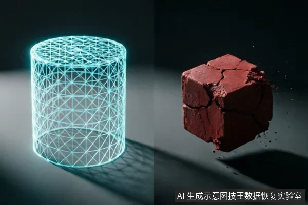 画面左侧为一个发光的青色线框圆柱体,象征数字化存储结构;右侧为一个正在崩裂破碎的红色实体方块,象征物理介质损坏。两者形成鲜明对比,直观展示了数据逻辑与物理介质受损的状态。