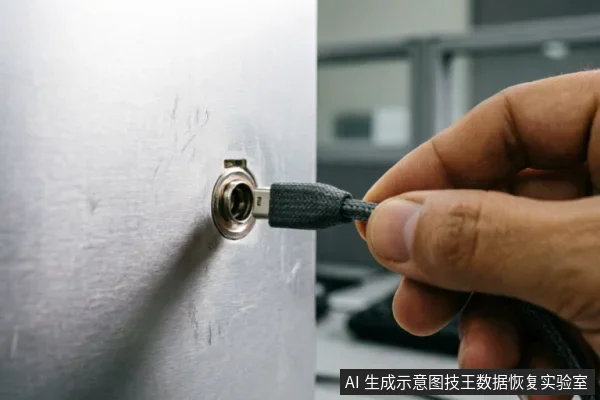 特写镜头展示一只手正将一根带有编织保护套的数据线插头插入银灰色金属设备面板上的圆形接口,背景虚化,强调物理连接动作。