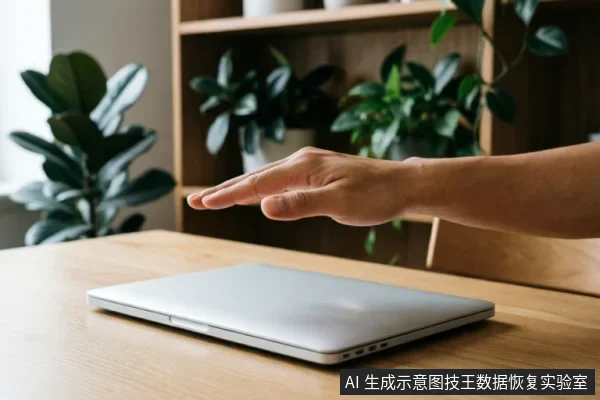 一只手掌悬停在闭合的银色笔记本电脑上方，做出停止或制动的手势。电脑放置在木质桌面上，背景有模糊的绿色植物和置物架，示意在数据异常时立即停止操作、实施紧急制动。