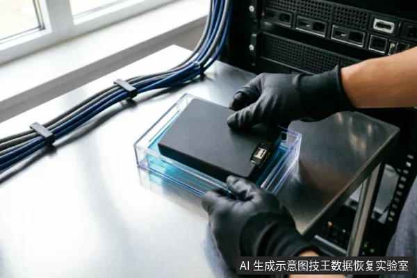 戴着黑色防静电手套的技术人员双手托举一块黑色固态硬盘,将其放置在透明亚克力检测盒上。背景可见整齐捆绑的蓝色数据线缆及服务器机架设备,呈现出专业硬件检测环境。